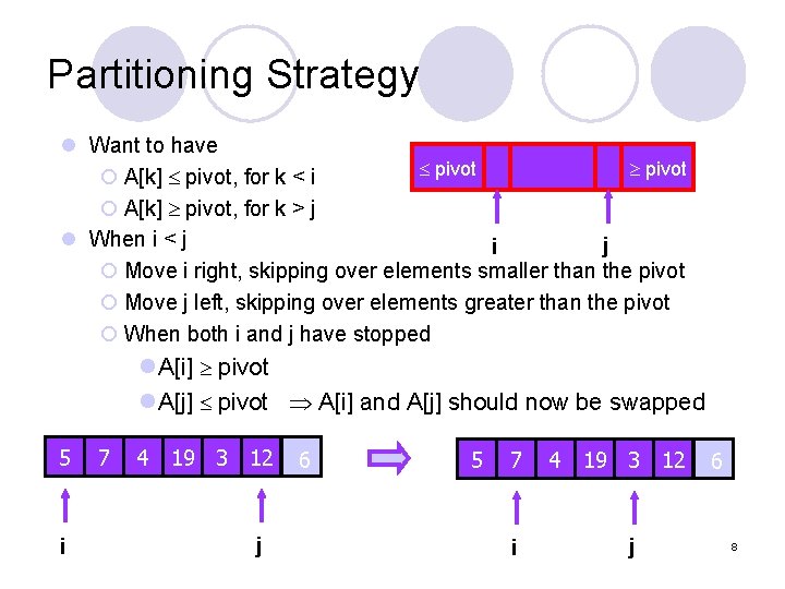 Partitioning Strategy l Want to have pivot ¡ A[k] pivot, for k < i