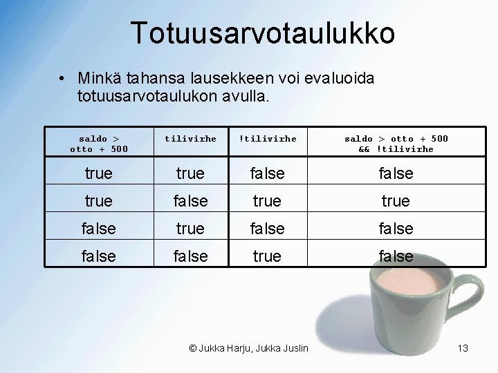 Totuusarvotaulukko • Minkä tahansa lausekkeen voi evaluoida totuusarvotaulukon avulla. saldo > otto + 500