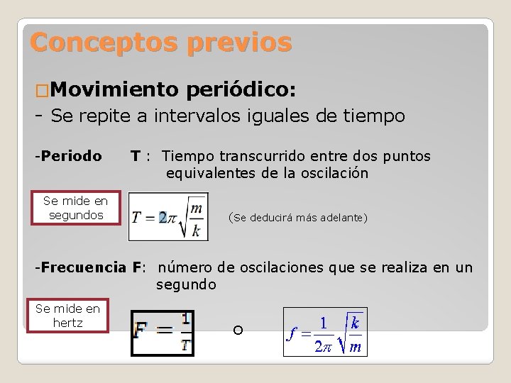 Conceptos previos �Movimiento periódico: - Se repite a intervalos iguales de tiempo -Periodo T