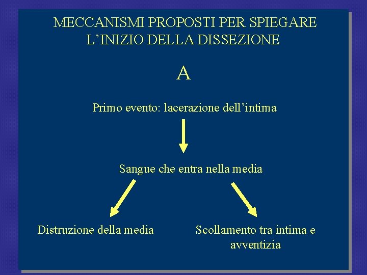 MECCANISMI PROPOSTI PER SPIEGARE L’INIZIO DELLA DISSEZIONE A Primo evento: lacerazione dell’intima Sangue che MECCANISMI PROPOSTI PER SPIEGARE L’INIZIO DELLA DISSEZIONE A Primo evento: lacerazione dell’intima Sangue che