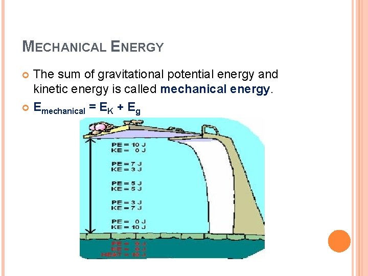 MECHANICAL ENERGY The sum of gravitational potential energy and kinetic energy is called mechanical