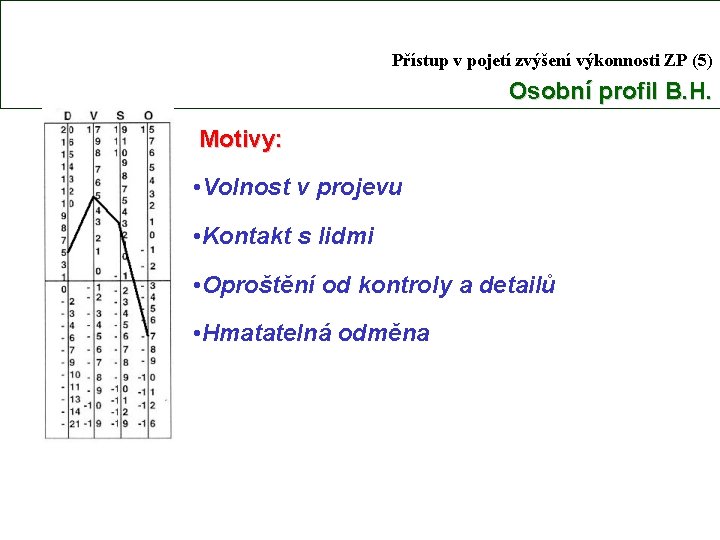 Přístup v pojetí zvýšení výkonnosti ZP (5) Osobní profil B. H. Motivy: • Volnost