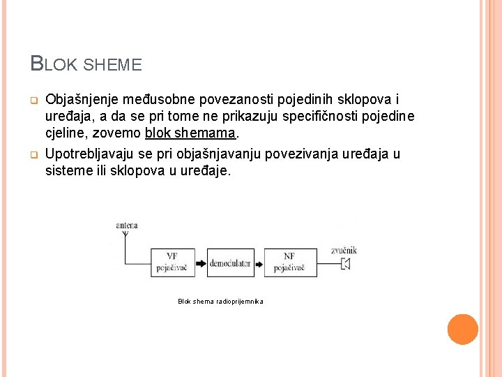 BLOK SHEME q q Objašnjenje međusobne povezanosti pojedinih sklopova i uređaja, a da se