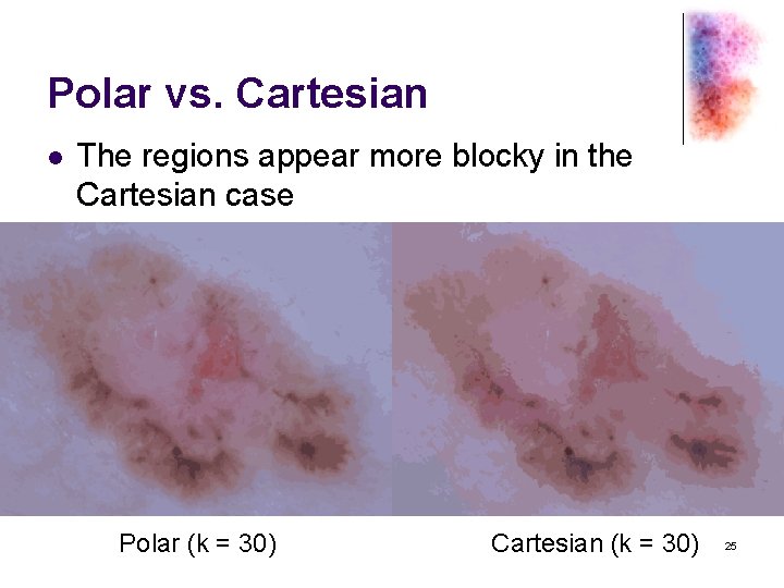 Polar vs. Cartesian l The regions appear more blocky in the Cartesian case Polar