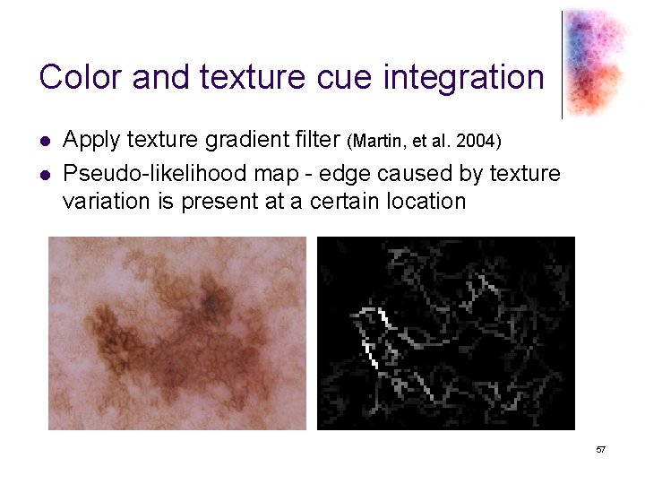 Color and texture cue integration l l Apply texture gradient filter (Martin, et al.