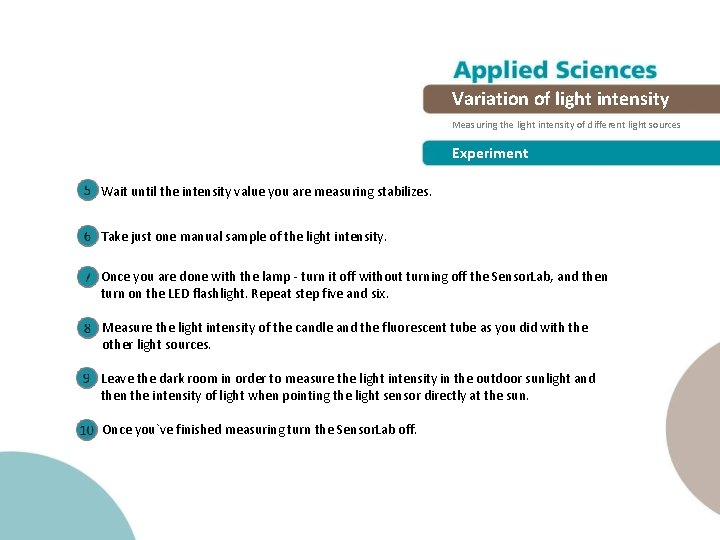 Variation of light intensity Measuring the light intensity of different light sources Experiment Wait