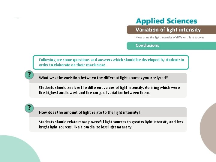 Variation of light intensity Measuring the light intensity of different light sources Conclusions Following