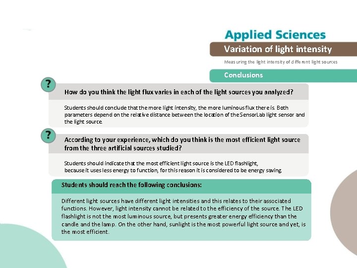 Variation of light intensity Measuring the light intensity of different light sources Conclusions How