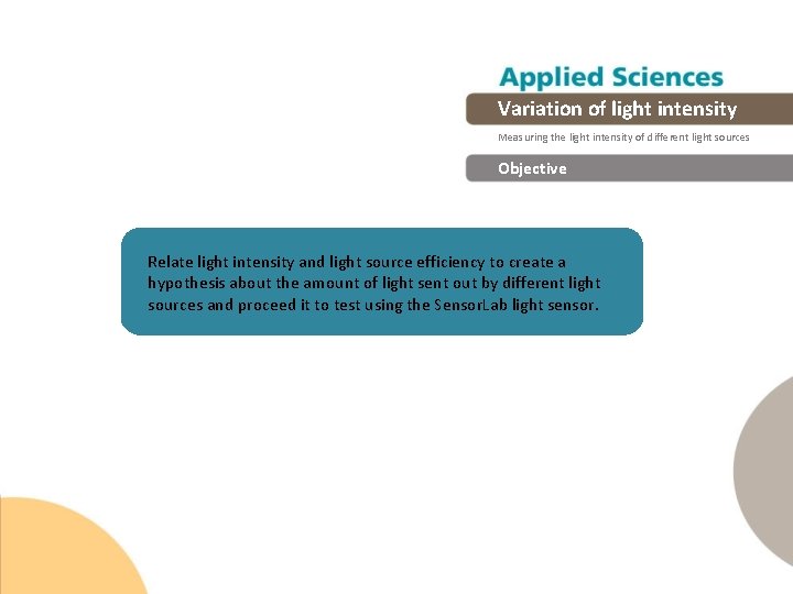 Variation of light intensity Measuring the light intensity of different light sources Objective Relate