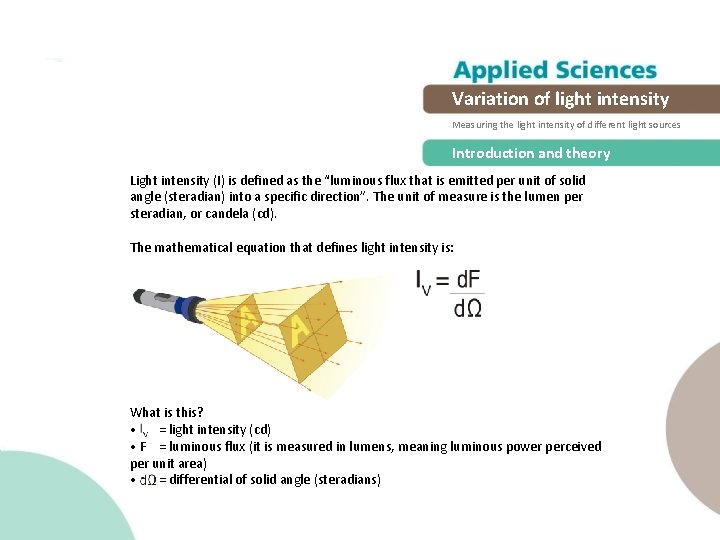 Variation of light intensity Measuring the light intensity of different light sources Introduction and