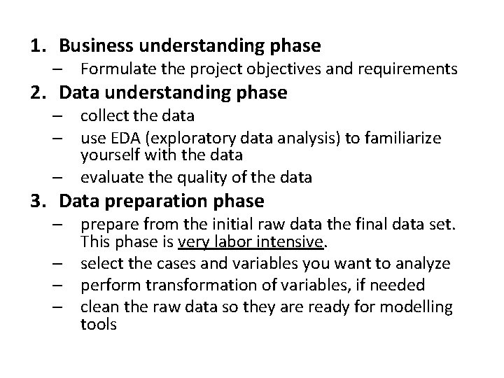 1. Business understanding phase – Formulate the project objectives and requirements 2. Data understanding