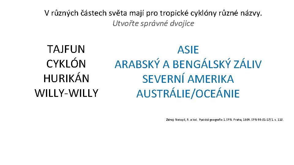 V různých částech světa mají pro tropické cyklóny různé názvy. Utvořte správné dvojice TAJFUN