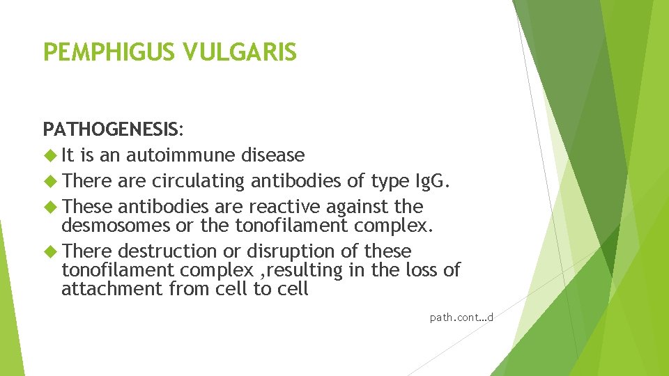 PEMPHIGUS VULGARIS PATHOGENESIS: It is an autoimmune disease There are circulating antibodies of type