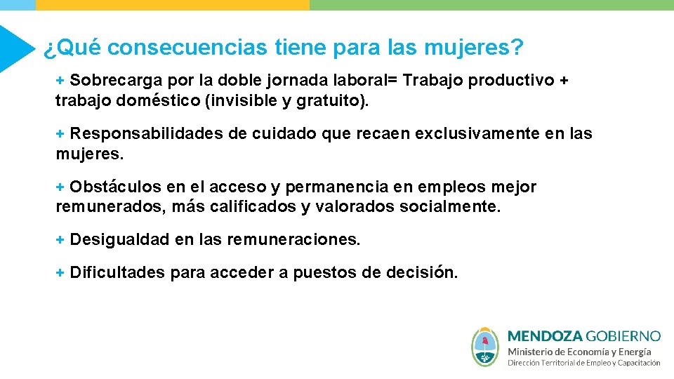 ¿Qué consecuencias tiene para las mujeres? + Sobrecarga por la doble jornada laboral= Trabajo