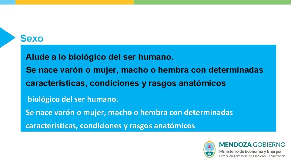 Sexo Alude a lo biológico del ser humano. Se nace varón o mujer, macho