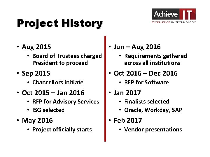 Project History • Aug 2015 • Board of Trustees charged President to proceed •
