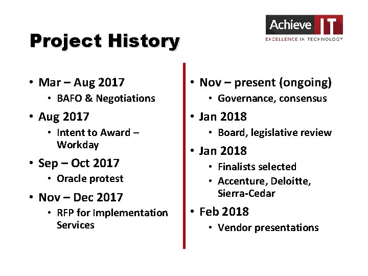 Project History • Mar – Aug 2017 • BAFO & Negotiations • Aug 2017