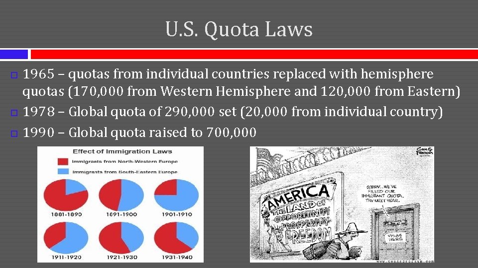 U. S. Quota Laws 1965 – quotas from individual countries replaced with hemisphere quotas U. S. Quota Laws 1965 – quotas from individual countries replaced with hemisphere quotas