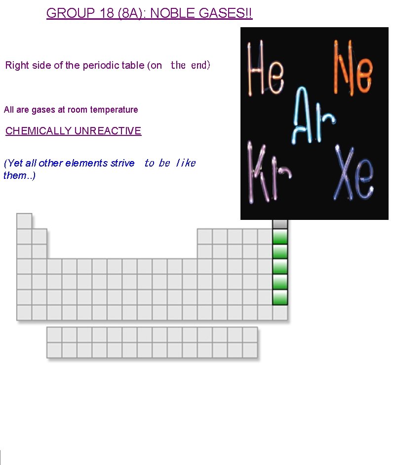 GROUP 18 (8 A): NOBLE GASES!! Right side of the periodic table (on  the