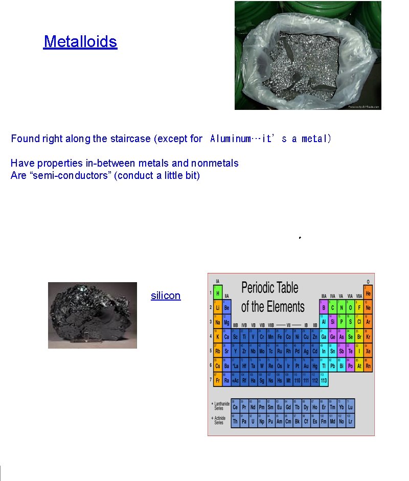 Metalloids Found right along the staircase (except for  Aluminum…it’s a metal) Have properties in-between