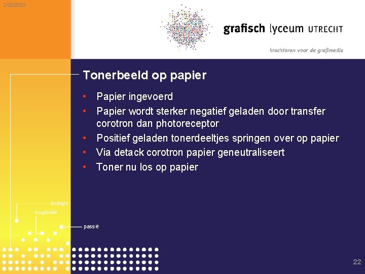 2/22/2021 Tonerbeeld op papier • Papier ingevoerd • Papier wordt sterker negatief geladen door
