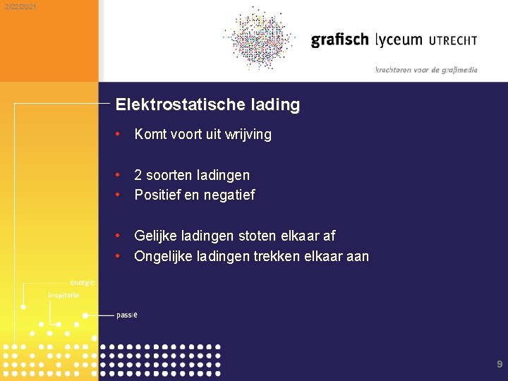 2/22/2021 Elektrostatische lading • Komt voort uit wrijving • 2 soorten ladingen • Positief