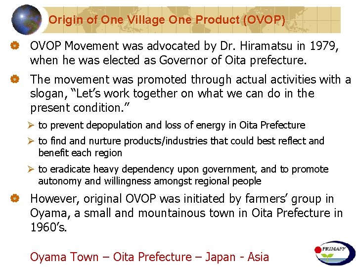 Origin of One Village One Product (OVOP) | OVOP Movement was advocated by Dr.