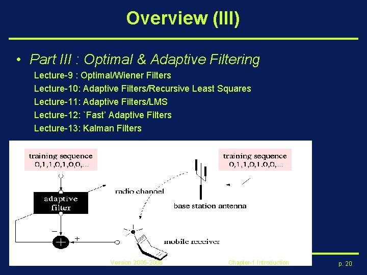 Overview (III) • Part III : Optimal & Adaptive Filtering Lecture-9 : Optimal/Wiener Filters