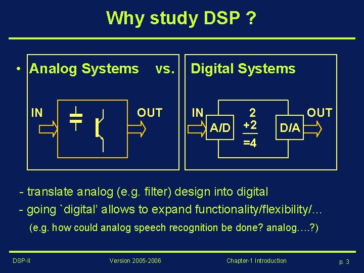 Why study DSP ? • Analog Systems IN vs. OUT Digital Systems IN A/D