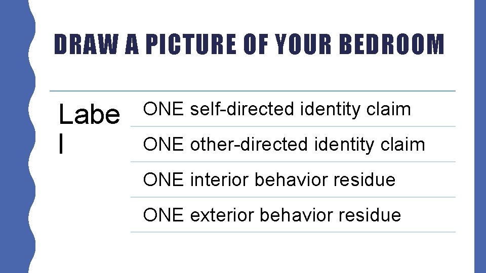 DRAW A PICTURE OF YOUR BEDROOM Labe l ONE self-directed identity claim ONE other-directed