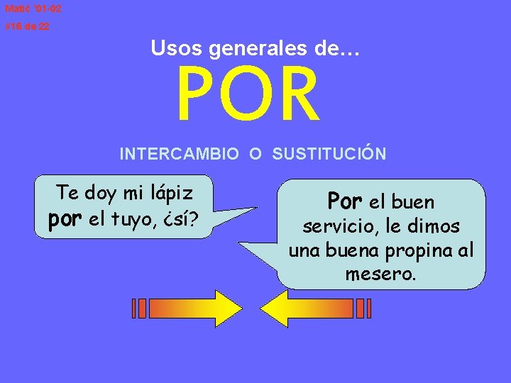 Matić ’ 01 -02 #16 de 22 Usos generales de… POR INTERCAMBIO O SUSTITUCIÓN