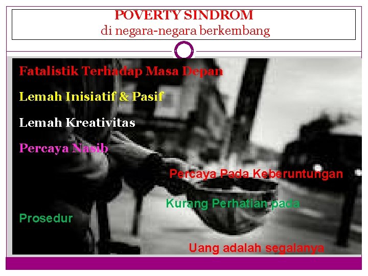 POVERTY SINDROM di negara-negara berkembang Fatalistik Terhadap Masa Depan Lemah Inisiatif & Pasif Lemah