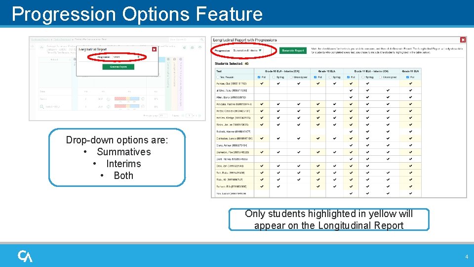 Progression Options Feature Drop-down options are: • Summatives • Interims • Both Only students Progression Options Feature Drop-down options are: • Summatives • Interims • Both Only students