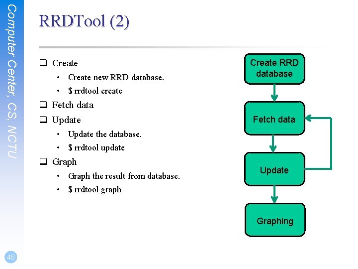 Computer Center, CS, NCTU RRDTool (2) q Create • Create new RRD database. •