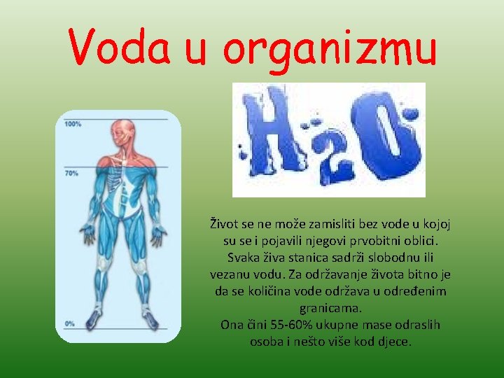 Voda u organizmu Život se ne može zamisliti bez vode u kojoj su se