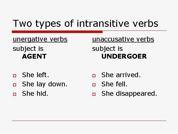 Two types of intransitive verbs unergative verbs subject is AGENT o o o She