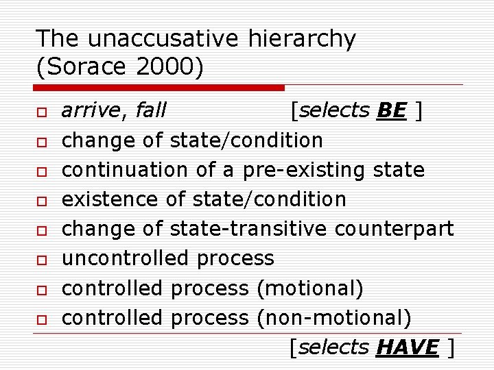 The unaccusative hierarchy (Sorace 2000) o o o o arrive, fall [selects BE ]