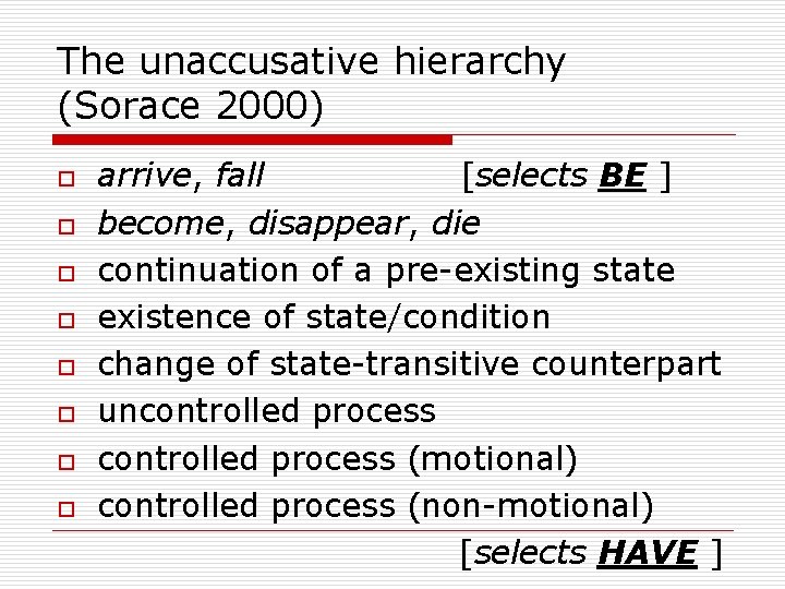 The unaccusative hierarchy (Sorace 2000) o o o o arrive, fall [selects BE ]