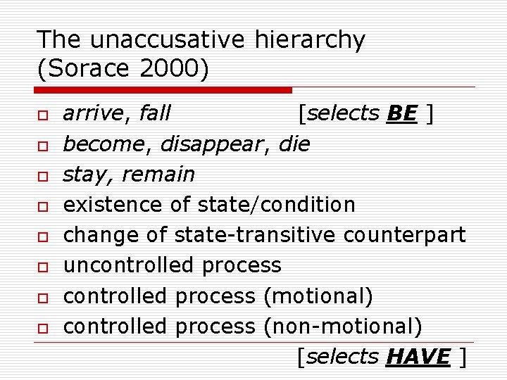 The unaccusative hierarchy (Sorace 2000) o o o o arrive, fall [selects BE ]