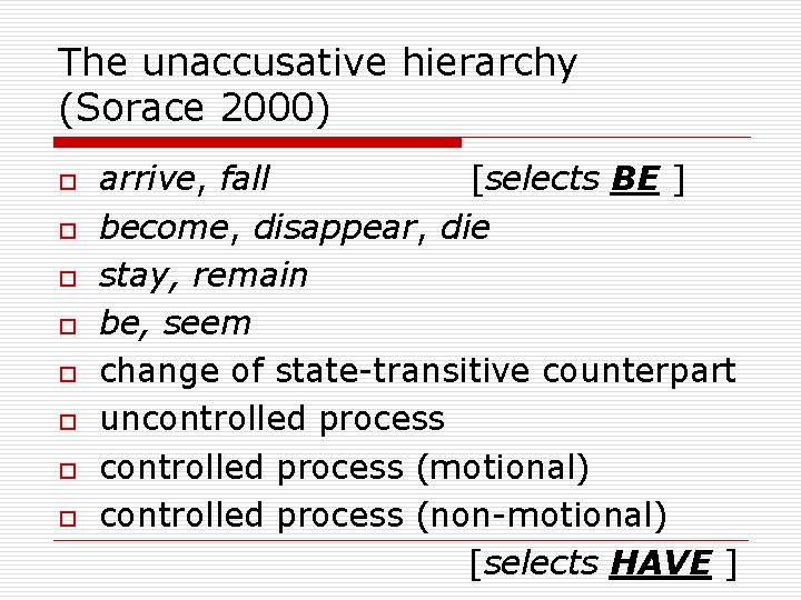 The unaccusative hierarchy (Sorace 2000) o o o o arrive, fall [selects BE ]