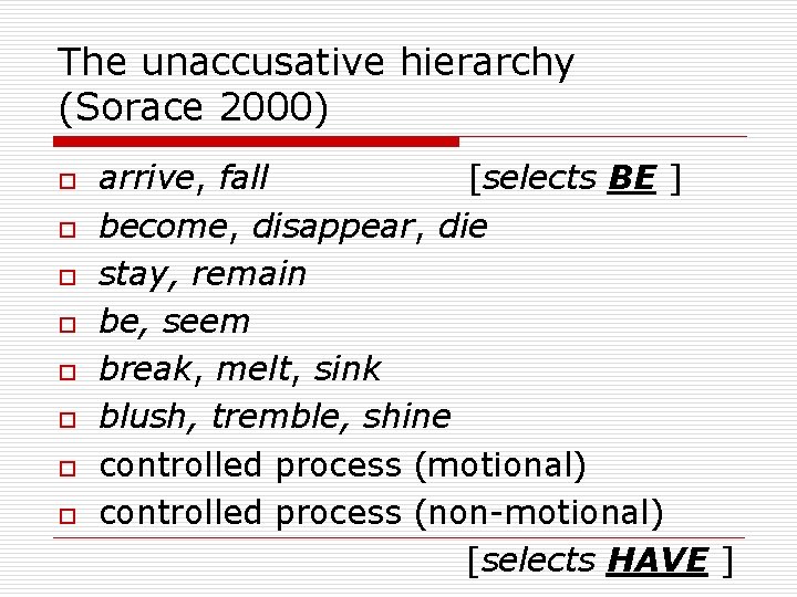 The unaccusative hierarchy (Sorace 2000) o o o o arrive, fall [selects BE ]