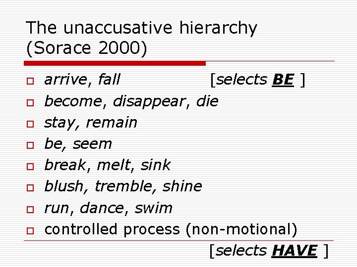 The unaccusative hierarchy (Sorace 2000) o o o o arrive, fall [selects BE ]