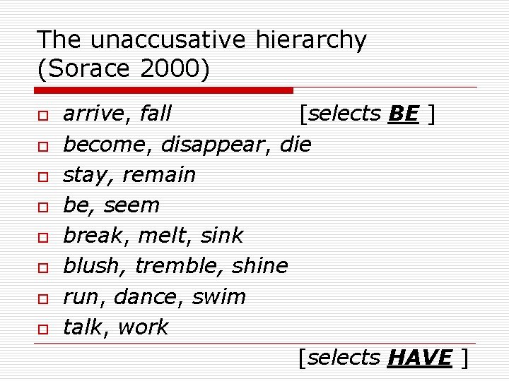 The unaccusative hierarchy (Sorace 2000) o o o o arrive, fall [selects BE ]