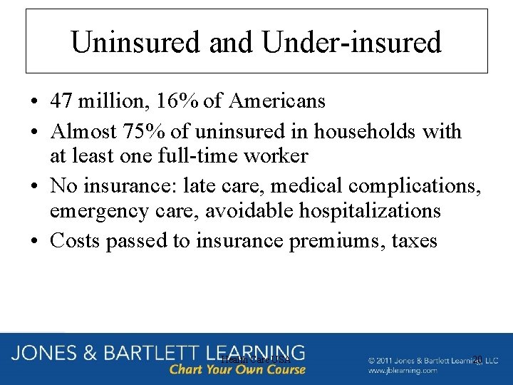 Uninsured and Under-insured • 47 million, 16% of Americans • Almost 75% of uninsured