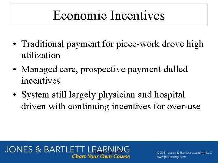 Economic Incentives • Traditional payment for piece-work drove high utilization • Managed care, prospective