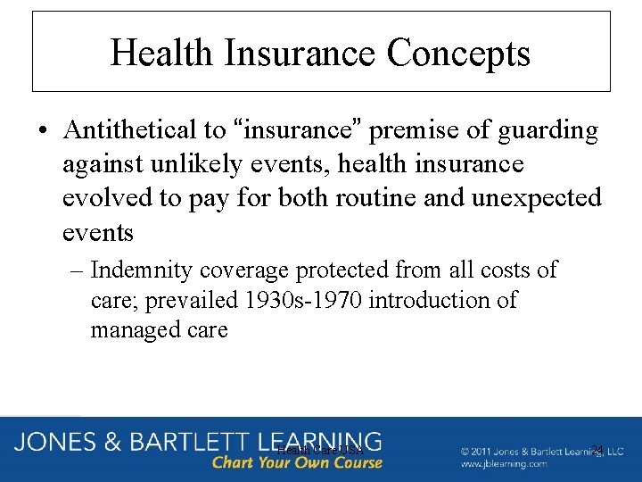 Health Insurance Concepts • Antithetical to “insurance” premise of guarding against unlikely events, health