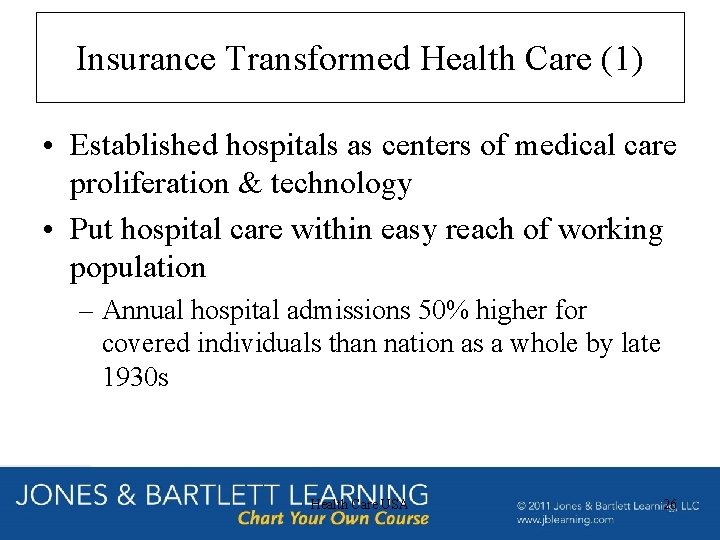 Insurance Transformed Health Care (1) • Established hospitals as centers of medical care proliferation