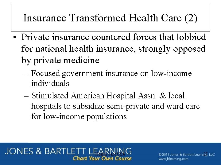 Insurance Transformed Health Care (2) • Private insurance countered forces that lobbied for national