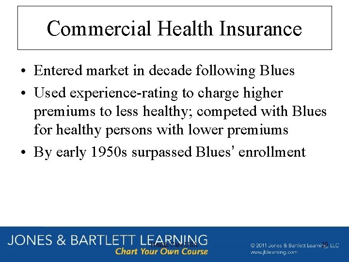 Commercial Health Insurance • Entered market in decade following Blues • Used experience-rating to