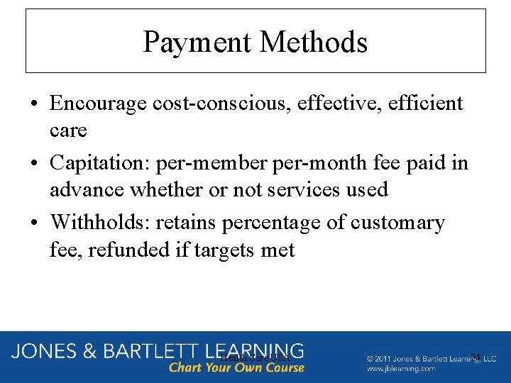 Payment Methods • Encourage cost-conscious, effective, efficient care • Capitation: per-member per-month fee paid